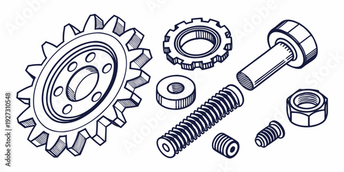 Assorted mechanical gears and fasteners displayed in a detailed illustration.