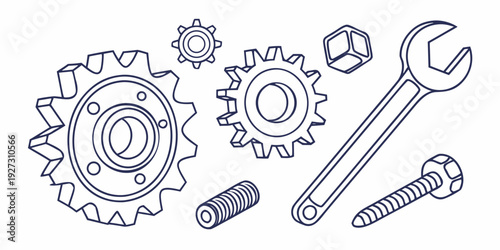 A collection of mechanical gears, tools, and fasteners in a blueprint style