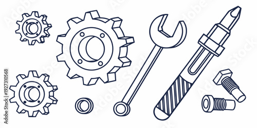 An assortment of tools and mechanical parts including gears, a wrench, and a screwdriver.