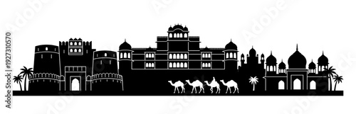 Black silhouette Rajasthan skyline vector illustration featuring iconic Indian architecture majestic palace grand desert fort traditional camels and palm trees for travel design.