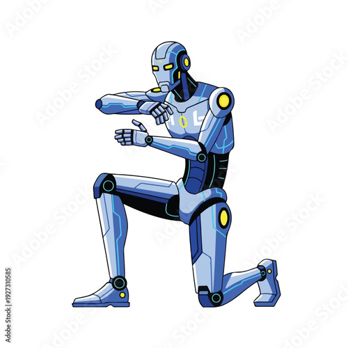 Kneeling Robot Character in Fighting Stance with Yellow Accents on Blue Body