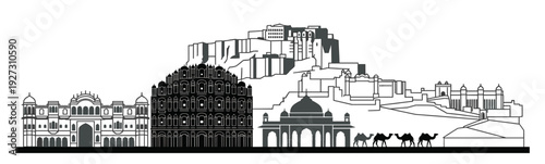 Rajasthan skyline vector illustration detailed black and white line art featuring historic Indian palaces forts Hawa Mahal and desert camels for travel design backgrounds.