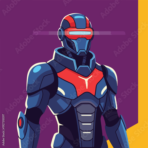 Futuristic Robot Soldier with Red Accents on Purple Background