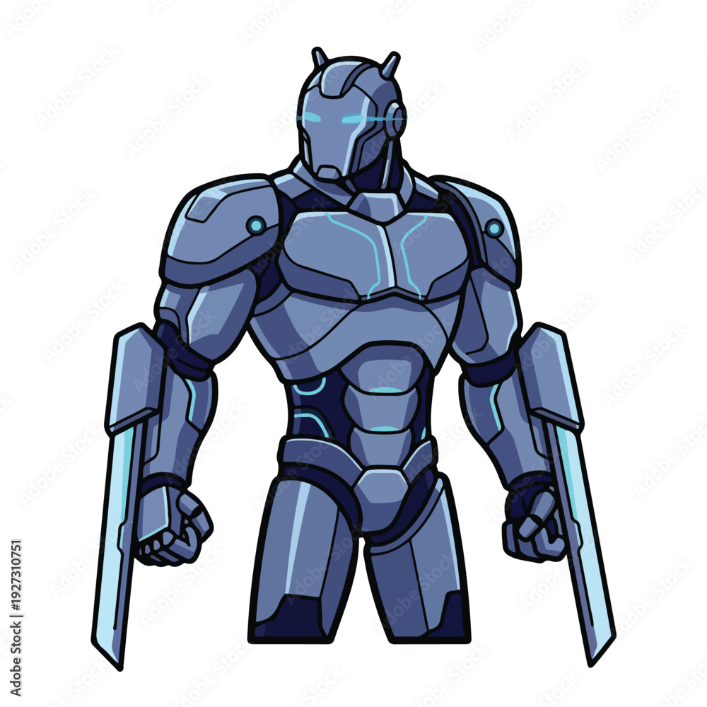 Fototapeta premium Futuristic Robot Warrior with Twin Swords Standing