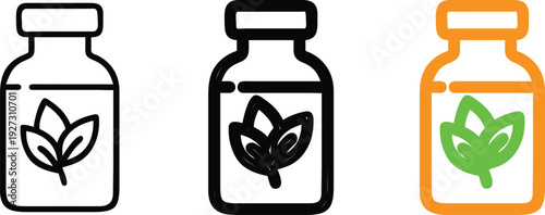 Herbal Remedy Bottles with Leaf SymbolThree Icons