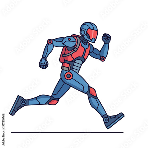 Running Robot Character with Red and Blue Exosuit
