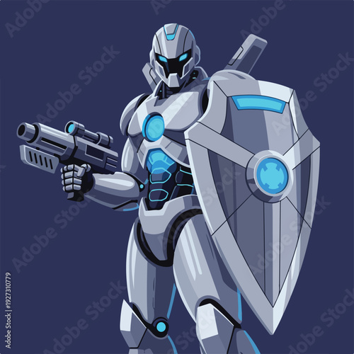 Robot warrior with shield and gun in futuristic armor standing strong