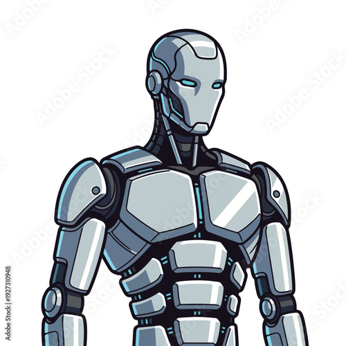 Cartoon robot character with metallic body and blue eyes standing alone on white background