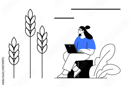 Remote work concept. A woman with a laptop seated outdoors next to minimal wheat illustrations s remote work flexibility and agriculture. For productivity, sustainability, agriculture, technology