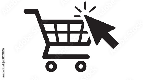 Shopping cart with clicking cursor icon. Created in solid black style with a white background.