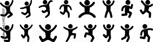 Stickman running jumping silhouette icon set simple vector, Stick figure dynamic movement action symbol collection, Human stickman motion pose silhouette icon pack