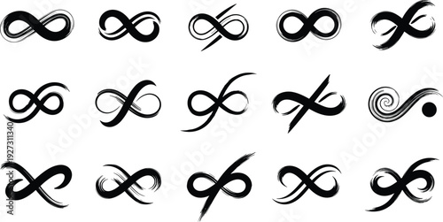 Collection of black hand drawn infinity symbols with textured brush strokes and creative eternal loop designs for artistic branding and modern graphic illustrations.