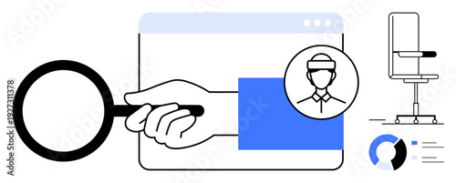 Online identity verification, recruitment, analytics, user profiling, cybersecurity, digital marketing. A magnifying glass, user profile and chair with analytics. Identity verification