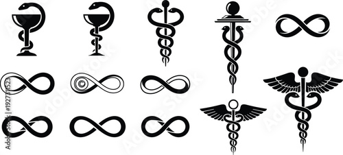 Collection of black silhouette vector icons featuring various caduceus rod of asclepius and pharmacy bowl of hygieia symbols for medical healthcare and professional pharmacy branding.