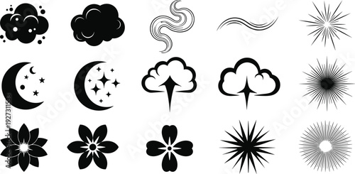 Collection of black silhouette vector icons featuring various clouds crescent moons stars sunbursts and floral flower emblems for weather celestial and nature branding.