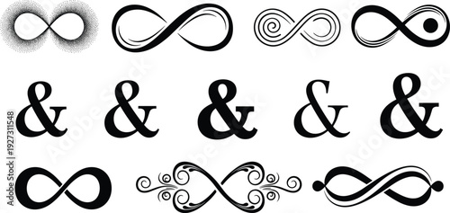 Collection of black silhouette vector icons featuring various infinity loops eternal symbols and elegant typographic ampersands for creative branding and decorative graphic design.