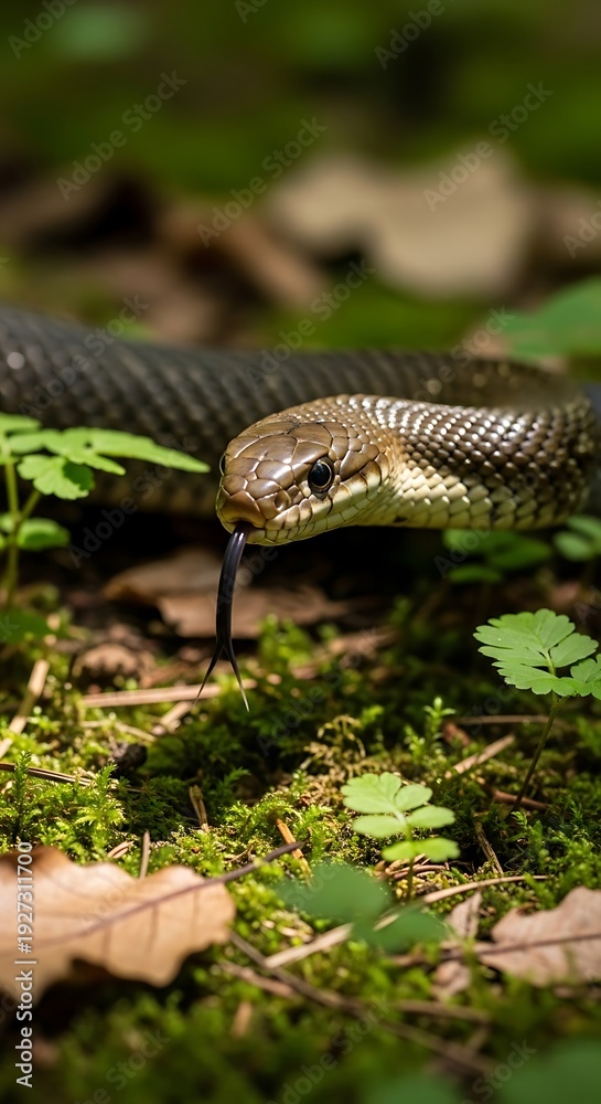 Fototapeta premium Reptile emerges from dense forest undergrowth with tongue extended