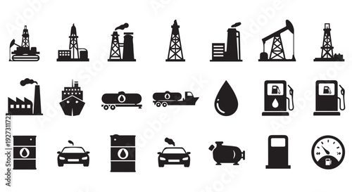 Collection of black and white icons depicting various industrial and transportation related subjects.