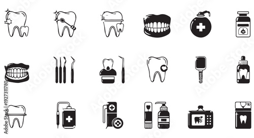 Dental care icons including teeth, toothbrushes, and medical tools in black and white.
