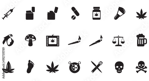 Collection of black icons related to drugs, weapons, and illegal substances on Transparent Background
