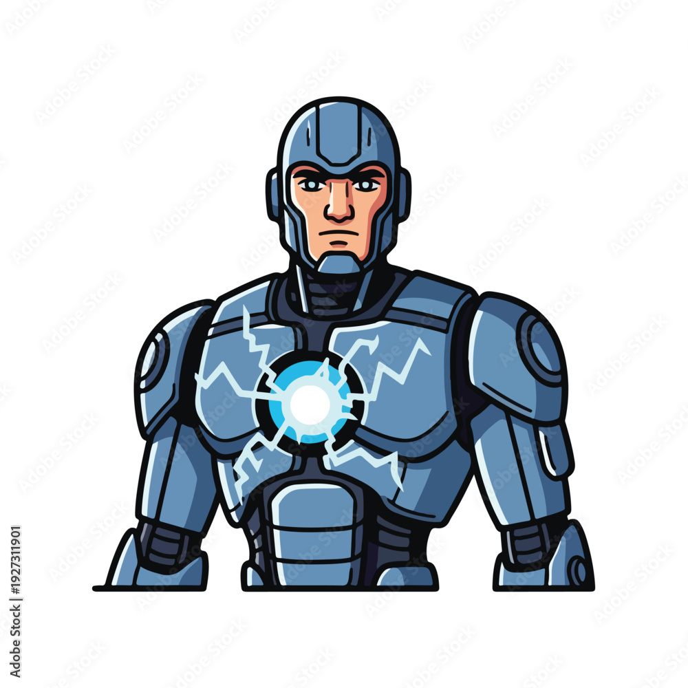Fototapeta premium Cartoon superhero with glowing blue energy on chest plate armor
