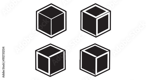 Four black and white isometric cubes in a square formation on a plain background