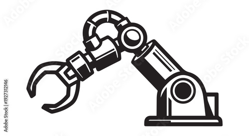 A black and white illustration of an industrial robotic arm with a claw, used for manufacturing and automation.