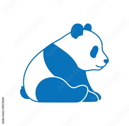 Blue panda bear sitting on ground looking right side isolated on white background