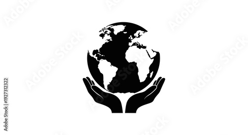Black silhouette illustration of hands cradling a globe on International Day of Forests with a focus on nature and the world.
