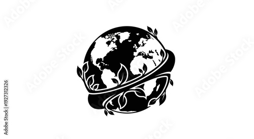 Black silhouette illustration of a globe wrapped with leaves on International Day of Forests against a white background.