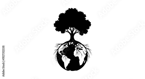 Black silhouette illustration of a tree growing out of the Earth, symbolizing the International Day of Forests, against a clean white background.