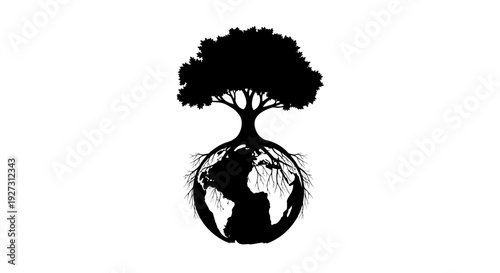 Black silhouette illustration of a tree on a globe celebrating World Forest Day with a natural forest theme on a white background