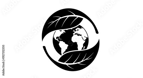 Black silhouette illustration of a globe surrounded by leaves on International Day of Forests, symbolizing a global effort to protect the natural forest ecosystem and promote sustainability