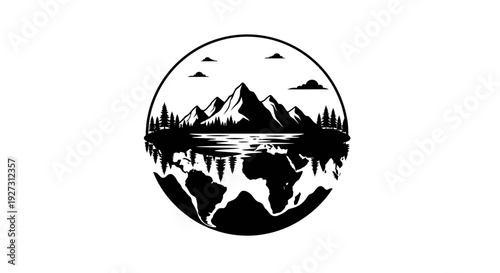 Black silhouette illustration of a forest and mountain landscape within a circular design, symbolizing International Day of Forests and World Forest Day in a natural, iconic style.
