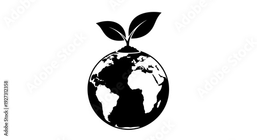 Black silhouette illustration of a globe with leaves on top, symbolizing World Forest Day and international efforts to preserve the natural forest ecosystem and promote nature conservation.
