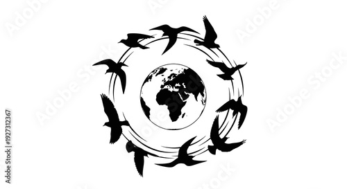 Black silhouette illustration of birds flying around the globe on International Day of Forests with a natural design element.