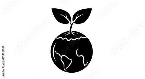 Black silhouette illustration of a sprouting seedling emerging from the globe on International Day of Forests with a simple design against a white background.
