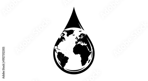 Black silhouette illustration of a water droplet with a world map inside, symbolizing World Forest Day and the importance of natural forest ecosystems globally.