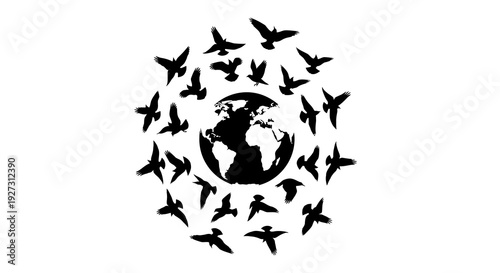 Black silhouette illustration of birds flying around the globe on International Day of Forests with a natural forest and nature theme in a simple design.