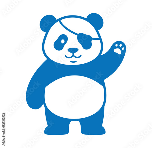 Blue panda bear wearing eye patch and waving one paw in friendly gesture