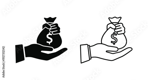 Two hands offering money bags a contrasting icon set silhouette