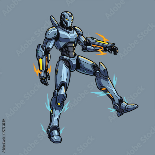 Futuristic robot character with glowing effects in motion on gray