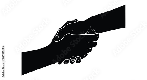 A striking black silhouette depicts a reaching grasping handshake