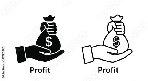 Hands offering money bags with profit labels minimalist silhouette