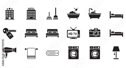 Collection of black icons for hotel amenities and services on Transparent Background