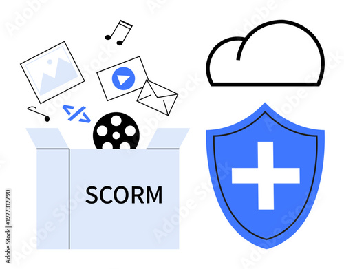 E-learning, online education, data privacy, cybersecurity, cloud storage, media integration. A SCORM box with media items, cloud icon shield with cross. E-learning and data privacy concept
