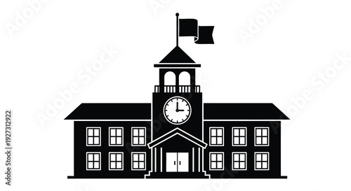 Classic university building with a clock tower depicted in silhouette