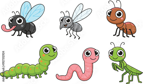 Cute Cartoon Insects Collection with Smiling Fly Ant Caterpillar Worm Mosquito and Praying Mantis Characters Illustration Set
