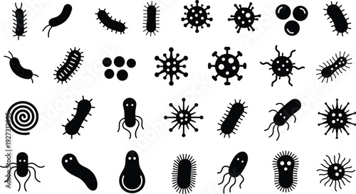 Silhouette icons of diverse microorganisms including bacteria, viruses, spirals, rods, clusters, and spherical forms arranged in scientific grid pattern