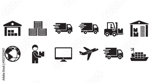 Logistics and transportation icons set including warehouse, truck, airplane, and shipping symbols